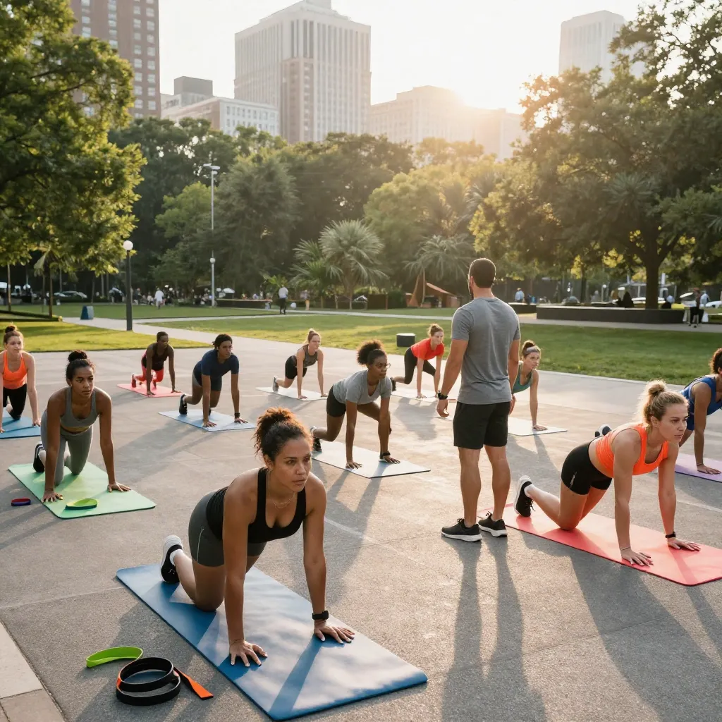 Group exercise in park setting